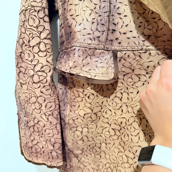 Scully Ladies Laser Cut Leather Coat Large L Tan Mid Length Fall Boho Luxury - Picture 6 of 11